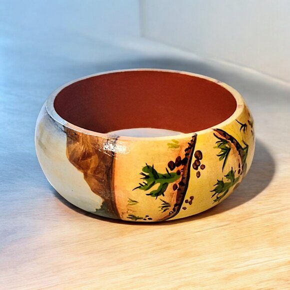Handmade OOAK vintage handpainted wood bracelet with soft desert landscape hues - Picture 2 of 6